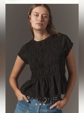 Anthropologie Pilcro Tabby Ruched Cap Sleeve Tee, Black Onyx, Size Large